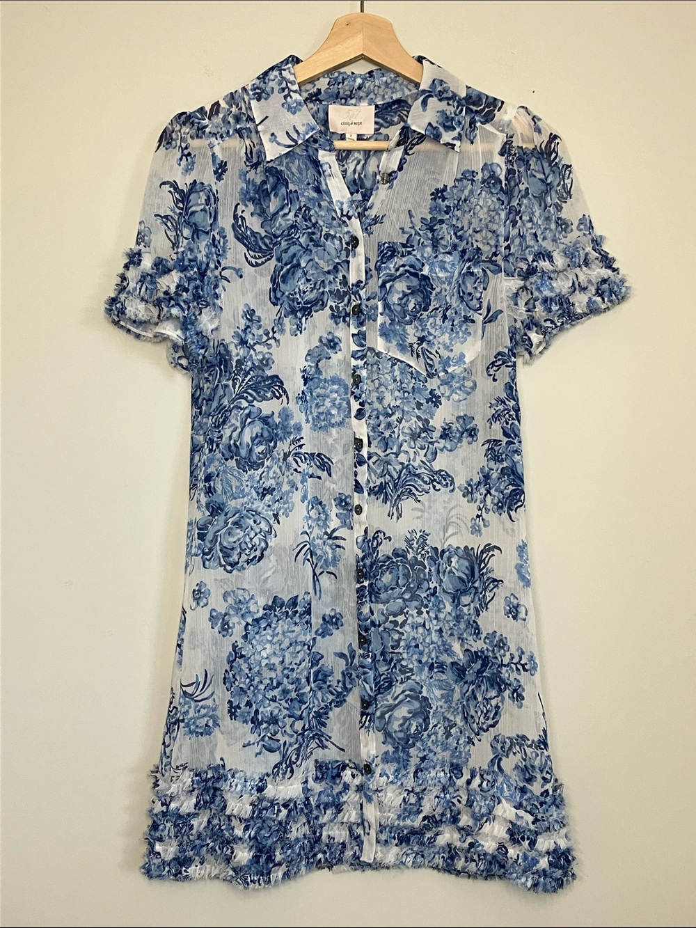 Cinq a Sept Dress Blue Galea Costal Bouquet Mini Ruffled Sheer Unlined Womens 2
